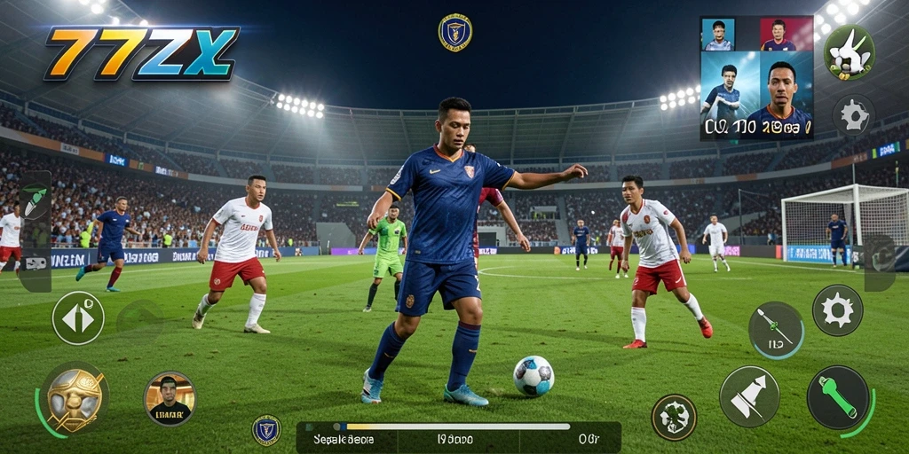 Gambaran gameplay menarik dari 777ZX dengan aksi sepak bola seru.