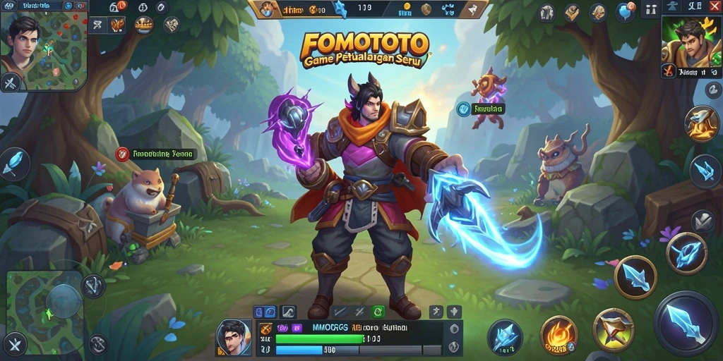 Tampilan gameplay FOMOTOTO dengan pertempuran epik di dunia fantasi.
