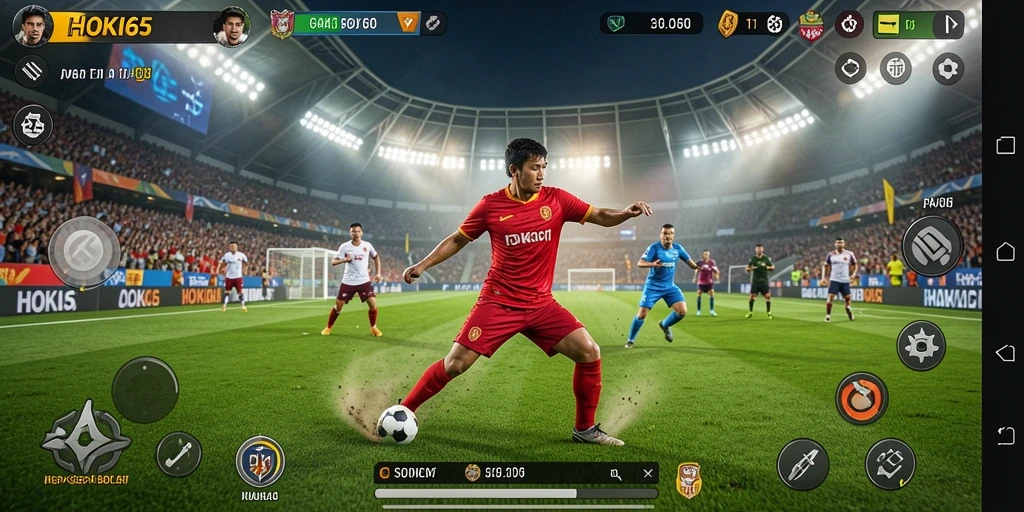 Screenshot gameplay HOKI65 menampilkan aksi sepatu dan tim di lapangan.