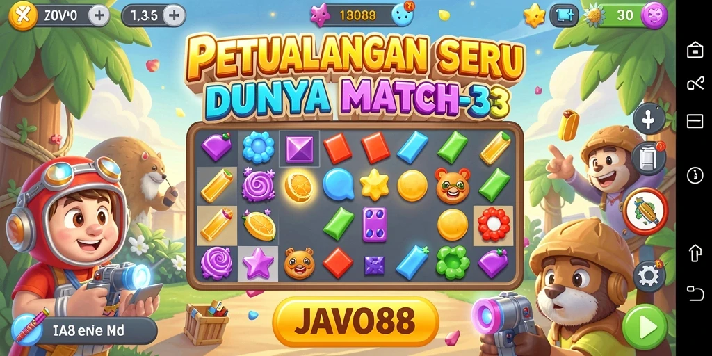 Screenshot utama <strong>JAVO88</strong> menampilkan gameplay Match-3 yang seru dan penuh warna.