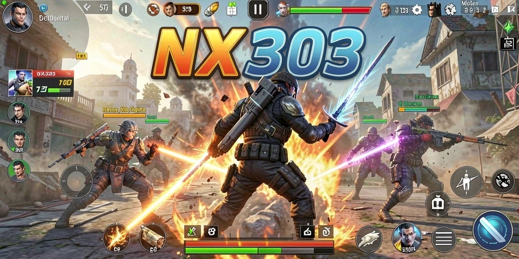 Tangkapan layar NX303 menampilkan pertarungan epik dengan karakter yang beragam.