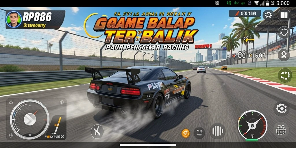 Gameplay RP886 menampilkan balapan mendebarkan dengan mobil yang cepat.