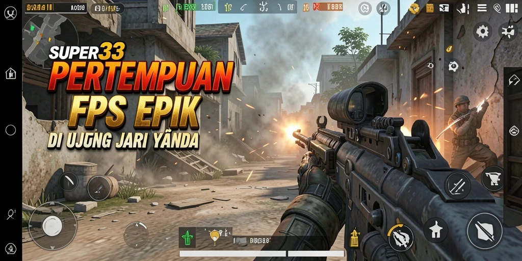 Screenshot gameplay SUPER33 menampilkan aksi menegangkan di medan perang.